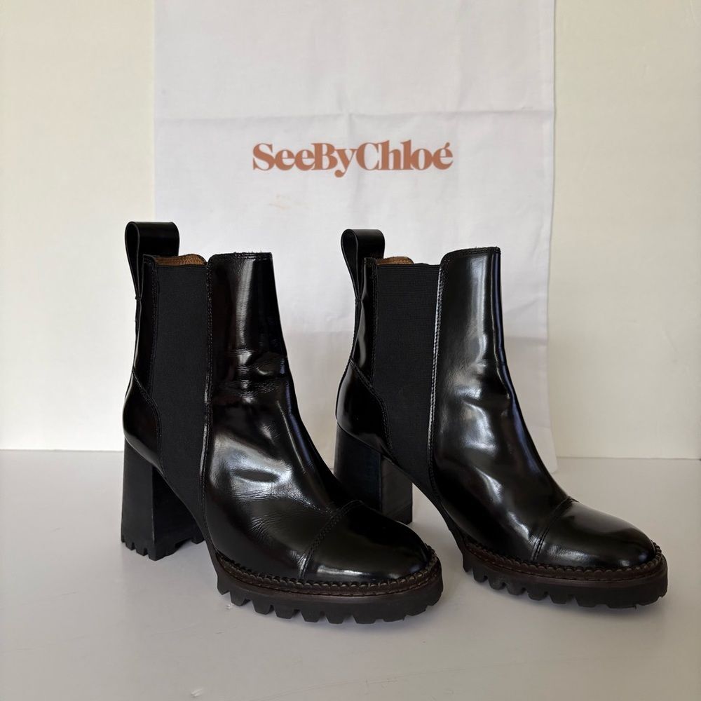 See by Chloé Mallory Lug-Sole Leather Chelsea Boots Black Size 37 US 7